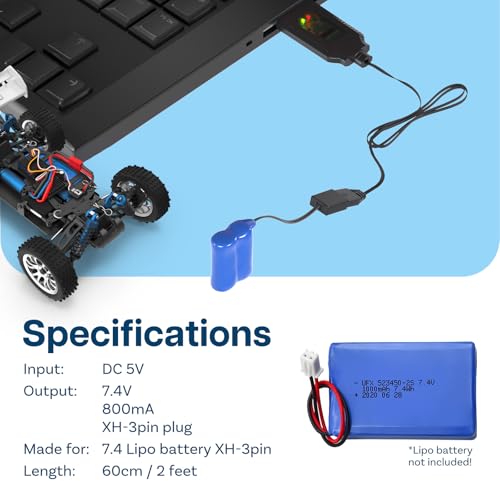 2 Pack USB Charger Cable for 7.4V LiPo & Li-ion Batteries by MMOBIEL - USB to XH-3P Connector, 1A 2S Charge Adapter for RC Drones, Quadcopters, WLtoys, Skytech, Gel Splatter Blasters, and More