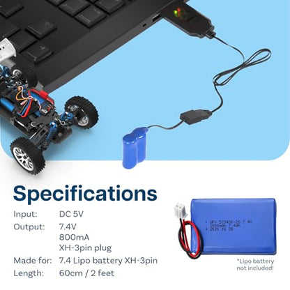 2 Pack USB Charger Cable for 7.4V LiPo & Li-ion Batteries by MMOBIEL - USB to XH-3P Connector, 1A 2S Charge Adapter for RC Drones, Quadcopters, WLtoys, Skytech, Gel Splatter Blasters, and More