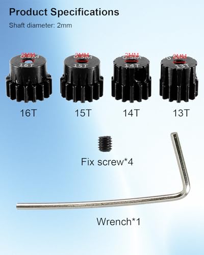 Rc Pinion Gear Set 13T 14T 15T 16T 0.5M 2mm Fit for 1/18 Hobbyplus | Compatible with FUR-2411 FUR-2412 FUR-2413 FUR-2414 CR-18P EVO PRO, with Hex Key