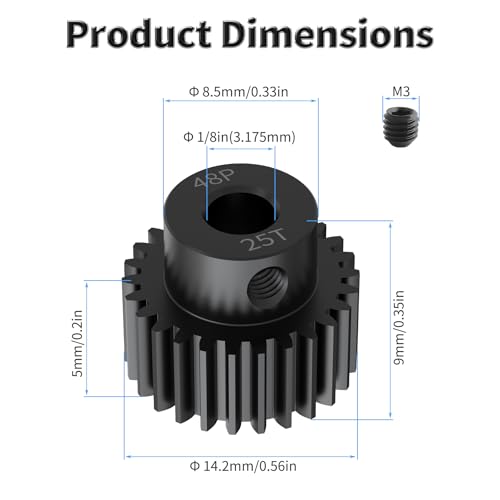 Pinion Motor Gear, 48P 25T, 1/8 in (3.175mm) Shaft Hole | 48 Pitch 25 Teeth, 1045 Hardened Carbon Steel, 1/8 Inch Shaft Hole, RC Motor Pinion Upgrade, for 1/10 RC Brushless Crawler - size: 48P 25T
