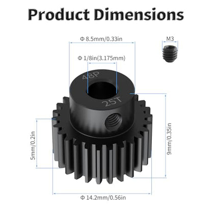 Pinion Motor Gear, 48P 25T, 1/8 in (3.175mm) Shaft Hole | 48 Pitch 25 Teeth, 1045 Hardened Carbon Steel, 1/8 Inch Shaft Hole, RC Motor Pinion Upgrade, for 1/10 RC Brushless Crawler - size: 48P 25T