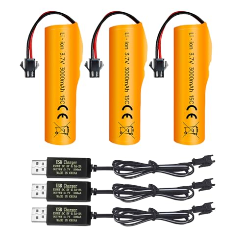 3PCS 3.7V 3000mAh SM-2P Plug Li ion Battery and USB Charging Cable Suitable for DE42 DE44 DE45 DE68 RC Car, Drifting Car, Truck, Off-Road Racing Car