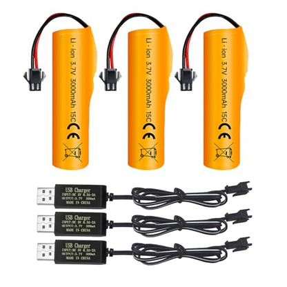 3PCS 3.7V 3000mAh SM-2P Plug Li ion Battery and USB Charging Cable Suitable for DE42 DE44 DE45 DE68 RC Car, Drifting Car, Truck, Off-Road Racing Car