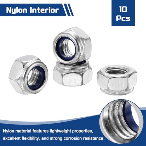 10Pcs Nylon Locking Hex Nuts - [M8-1.25], 304 Stainless Steel Hardware Nuts, Silver, for Automotive, Aerospace, Industrial Applications Use - color: Silver, size: M8x1.25mm