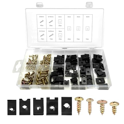 170PCS Car U-Clip and Screw Assortment Kit, Automotive U Nut Screw Clip, 9 Sizes Auto Body Panel Screws U Nuts Replacement, Vehicle U Clips Bolts Replacement Parts for Dash Door Panel Interior