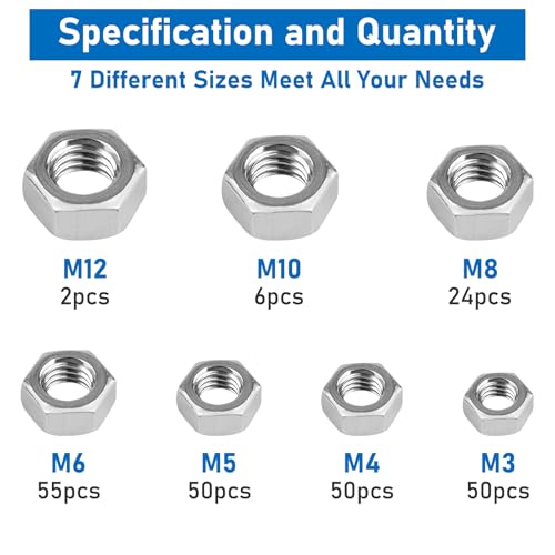Metric Hex Nuts, 237 Pack 304 (A2-70) Stainless Steel Hardware Nuts | M3 M4 M5 M6 M8 M10 M12 Standard Inch Coarse Thread Nuts - color: Silver, size: Metric