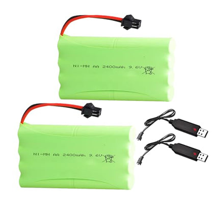 2Pcs 9.6V 2400mAh NI-MH Battery Pack RC Replacement Rechargeable AA Battery Pack with SM-2P USB Charger Cable for Toys,Drone,Remote Control Car Accessory