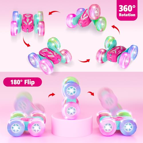 Amicool Remote Control Car for Girls 6-12 with Flashing Light, Toys 6 7 8 9 Years Old Girl Birthday Gifts Idea, RC Cars Stunt 4WD 2.4Ghz Double Sided 360° Flip, Present for Kids, Christmas, Pink - color: Pink