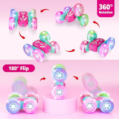 Amicool Remote Control Car for Girls 6-12 with Flashing Light, Toys 6 7 8 9 Years Old Girl Birthday Gifts Idea, RC Cars Stunt 4WD 2.4Ghz Double Sided 360° Flip, Present for Kids, Christmas, Pink - color: Pink