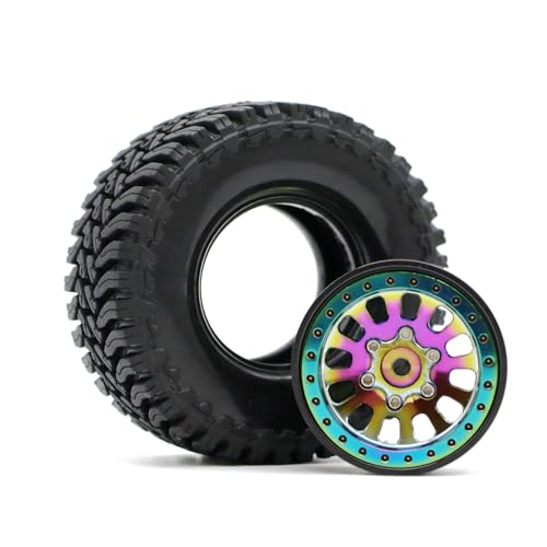 1.3” Brass Beadlock Wheels & All-Terrain Tires Set for 1/18 1/24 RC Crawler TRX4M, Axial SCX24 / AX24, Redcat Ascent-18, FMS FCX24, -5.40mm Offset, 7mm Hex, 4 pcs, Iridescent Green - color: Iridescent-green