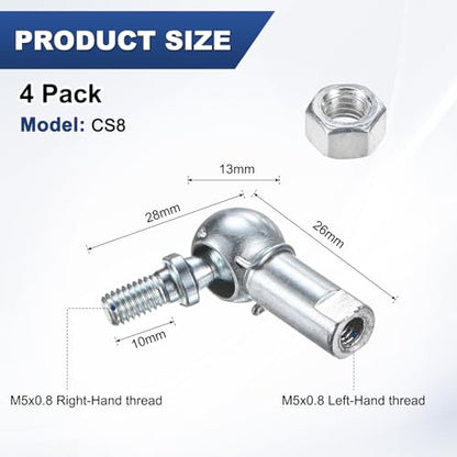M METERXITY 4-Pack CS10 Ball Head Rod End Bearing, M5x0.8 Right Male Thread and Left Female Thread Self-lubricating Carbon Steel Angle Ball Joint Socket End Fitting for Automotive - size: M5x0.8, style: Left Thread