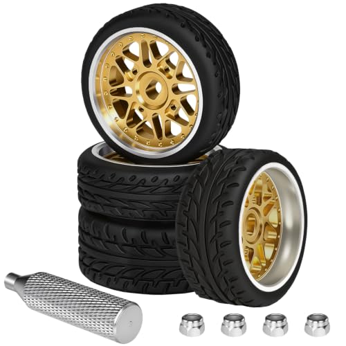 4Pcs 25mm Rc Drift Wheels & Logo Drift Car Tires for 1/24 1/28 Wltoys, [2N+2W] Aluminum Alloy Rims with High Grip Tires Simulated Tire Tread Racing Tyre for Mini-Q HGD1 Wltoys K969 K989 k929(Gold) - color: 3.gold
