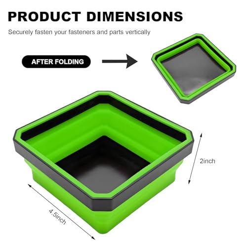 Collapsible Magnetic Parts Tray, 4.5" Square Metal Parts Organizer with Dual-Sided Magnetic Base, Foldable Tools Tray Silicone Storage Bowl for Screws Bolts Nuts Washers Pins (Green) - color: Green