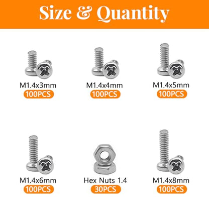 530Pcs 304 Stainless Steel Metric Micro Screws Nuts Assortment, M1.4x3/4/5/6/8mm Sizes, Phillips Pan Head, Fully Threaded Kit for Arduino, RC Models, Electronics, DIY Projects - size: M1.4x3/4/5/6/8-530Pcs