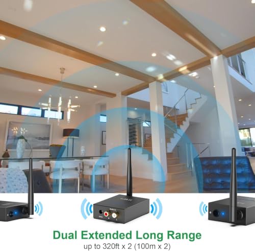 1Mii 2.4GHz (1 TX + 2 RX) Wireless Audio Transmitter and Receiver Set | 20ms Ultra Low Delay with RCA In/Out, 320FT Long Range for TV PC CD Player Powered Speaker, 2 Receivers for 2 Powered Speaker - size: 3 in 1