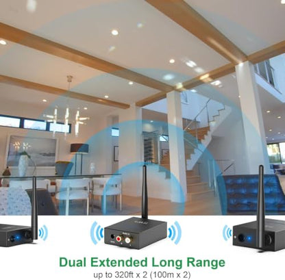 1Mii 2.4GHz (1 TX + 2 RX) Wireless Audio Transmitter and Receiver Set | 20ms Ultra Low Delay with RCA In/Out, 320FT Long Range for TV PC CD Player Powered Speaker, 2 Receivers for 2 Powered Speaker - size: 3 in 1