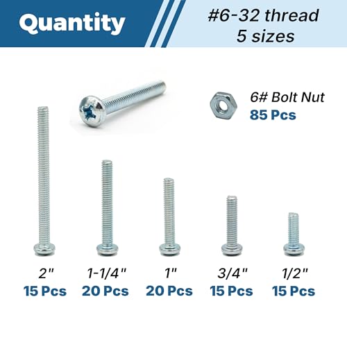 170-Piece #6-32 Machine Screws Assortment Kit – Zinc-Plated Carbon Steel Phillips Pan Head Screws with Nuts, Knobs, Cabinet Screw & Electrician Screw Machine Bolts - size: #6-32 – 85 Sets, 5 Sizes