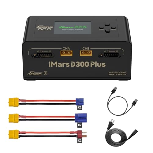 Gens ace iMars D300 Plus Dual Channel 1-6S Smart LiPo Battery Charger | 300W AC/700W (350W*2) 16A DC Balance Charger, Bluetooth App Setting for 1-6S Lipo/Li-ion/LiHV/Life/NiMH BatteryCharging Black