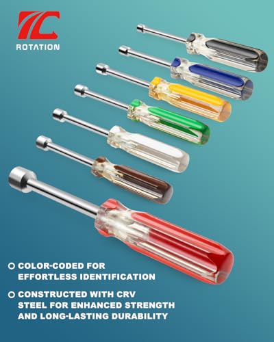 ROTATION 7PC Metric Nut Driver Set 5-12mm Hex Drivers Color-Coded Grips | 5-12mm Hex Drivers, For Bolts Nuts Fasteners, Color-Coded, Non-Slip PVC Grips - style: Metric