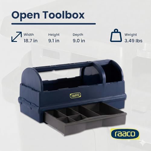 Raaco Open Portable Tool Box Organizer with Handle - Hand-Held Storage | Plastic Polypropylene Toolbox with 3 Compartments & Built-in Drawer, Hand-Held Storage Carrier, 55 lb Load Capacity, workshop - style: Open