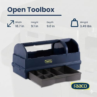 Raaco Open Portable Tool Box Organizer with Handle - Hand-Held Storage | Plastic Polypropylene Toolbox with 3 Compartments & Built-in Drawer, Hand-Held Storage Carrier, 55 lb Load Capacity, workshop - style: Open