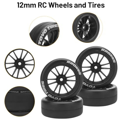 12mm RC Drift Tires and Wheels, daitoku 1/10 RC Rally Racing Tires for Tamiya Traxxas HPI KYOSHO XV02 XV01 TT01 TT02 PTG2 A959 - Style D (Black) - color: Black