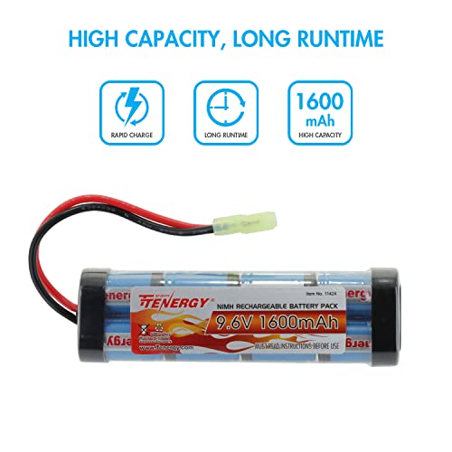 Tenergy Airsoft Battery 9.6V 1600mAh NiMH Flat Battery Pack and Charger w/Mini Tamiya Connector Compatible with MP5, Scar, M249, M240B, M60, G36, M14, RPK, PKM