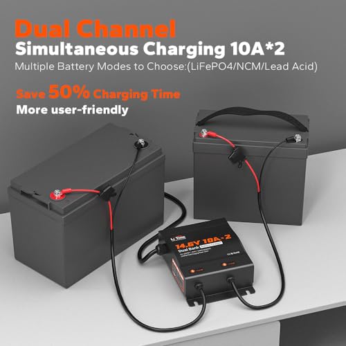LiTime 2-Bank 10A (10A/Bank) Dual Smart Battery Charger, 14.6V LiFePO4 Battery Charger AC-DC Charger with Fuse, LED Indicator for RV, Boat, Motorcycle, Lawn Mower, Trolling motor and Lead Acid Battery