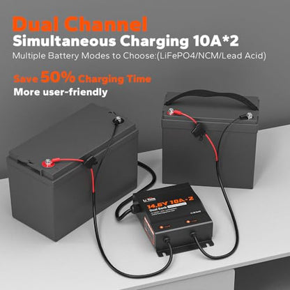 LiTime 2-Bank 10A (10A/Bank) Dual Smart Battery Charger, 14.6V LiFePO4 Battery Charger AC-DC Charger with Fuse, LED Indicator for RV, Boat, Motorcycle, Lawn Mower, Trolling motor and Lead Acid Battery