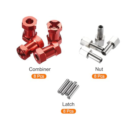 MECCANIXITY 8pcs 12mm Wheel Hex Drive Hubs Adapter Combiner Coupler Red | 20mm Extension, Aluminum, with Nut Latch, for 1/10 RC Crawler Car Parts