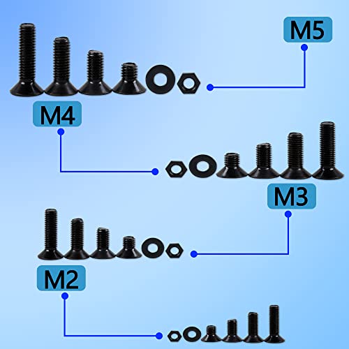 newlng M2 M3 M4 M5 Screws Assortment Kit 1065pcs Bolts and Nuts Washers Sets 10.9 Carbon Steel Metric Black Flat Head Socket Head Countersunk Head Machine Screw Bolt with Spanner for Home Industrial - size: L