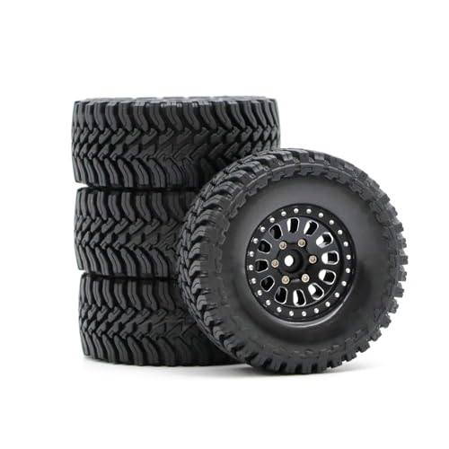 1.3” Brass Beadlock Wheels & All-Terrain Tires Set for 1/18 1/24 RC Crawler TRX4M, Axial SCX24 / AX24, Redcat Ascent-18, FMS FCX24, -5.40mm Offset, 7mm Hex, 4 pcs, Matte Black - color: Matte-black