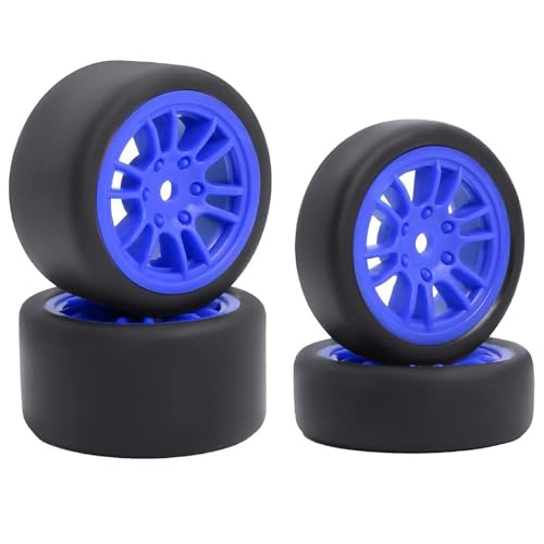 4PCS Pre-Glued On-Road Drift Racing Smooth Rubber Tires and Wheel Rims Set 7MM Hexagon for 1/24 Losi Micro-B RC Car Upgrades Parts (12Spoke-Blue) - color: 12spoke-blue