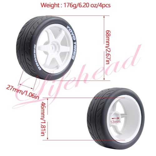 Lifehead 68mm RC On-Road Rally Car Tires and Wheels for 1/10 RC On-Road Touring Drift Car HSP Tamiya XV01 TT01 TT02B HPI Kyosho FAZER MK2 /12mm Hex - color: White