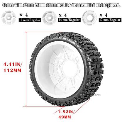 RC Wheels Tires Truck Tires 12mm/14mm/17mm Hex for 1/10 Slash 4×4 4WD 2WD/Axia1/Arrm a Senton/Redca t/Rc4w d,w/RC Wheels Hex Detachable Replace Running on Off-Road Tires,White - color: White- (Wheel Tires)
