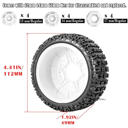 RC Wheels Tires Truck Tires 12mm/14mm/17mm Hex for 1/10 Slash 4×4 4WD 2WD/Axia1/Arrm a Senton/Redca t/Rc4w d,w/RC Wheels Hex Detachable Replace Running on Off-Road Tires,White - color: White- (Wheel Tires)