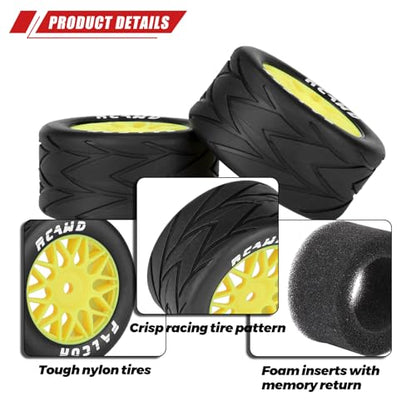 RCAWD for Losi 1/12 RC Racecar On-Road Car Pre-Glued Wheel Tire Set, Balance Grip & Durability Nylon Rubber 8mm Hex Adapter 4mm Tires Upgrades Parts All Terrain Adaptation 4pcs Yellow - color: Yellow