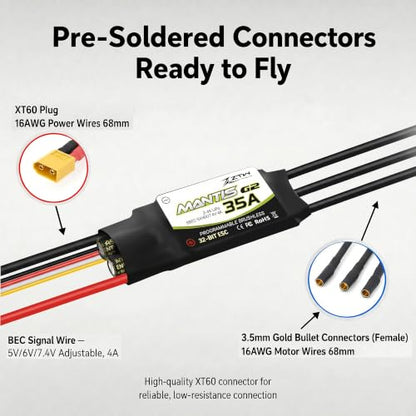 ZTW Mantis G2 35A ESC 2-4S Built-in Switching BEC 5V/6V/7.4V Adjustable 4A Brushless Speed Controller for RC Airplane Aircraft Fixed-Wing