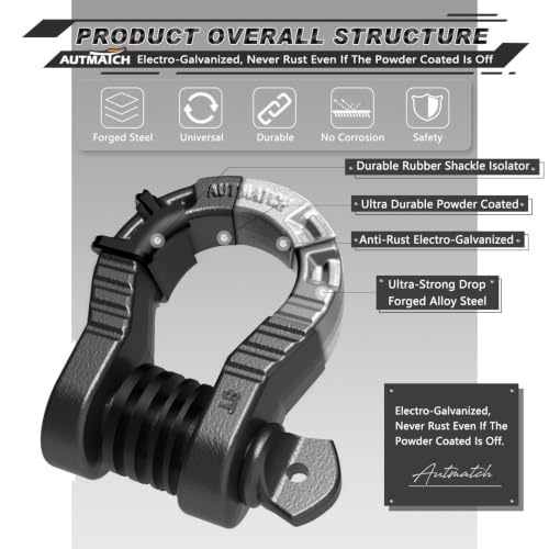 AUTMATCH D Ring Shackles 3/4" Mega Shackle (2 Pack) 68,000Ibs Break Strength - Heavy Duty Clevis Shackles 7/8" Screw Pin & Isolator Washer for Tow Strap Winch Off Road Vehicle Recovery, Gunmetal Gray - color: Gunmetal Gray