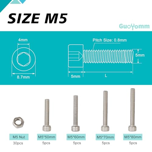 50PCS M5 x 50mm 60mm 70mm 80mm, Hex Socket Head Cap Screws Bolts Nuts Kit, Stainless Steel 304, Metric Allen Drive, Fully Threaded - size: Socket M5x50/60/70/80mm