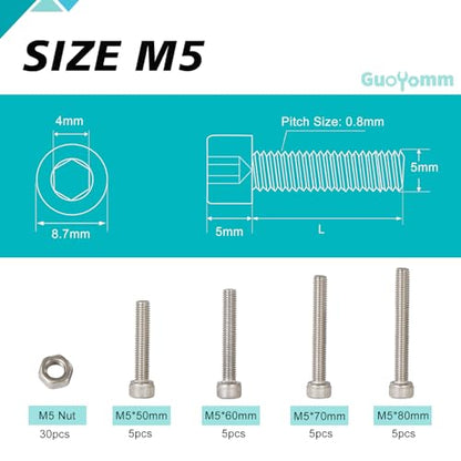 50PCS M5 x 50mm 60mm 70mm 80mm, Hex Socket Head Cap Screws Bolts Nuts Kit, Stainless Steel 304, Metric Allen Drive, Fully Threaded - size: Socket M5x50/60/70/80mm