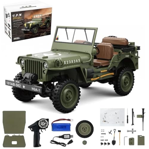 HG4-58 RC Off-Road Truck, 1/14 Scale All Terrain Dual-Speed 4WD Crawler with Sound & Lights, RTR Willys Military RC Truck Car for Hobby Enthusiasts - color: Military Green