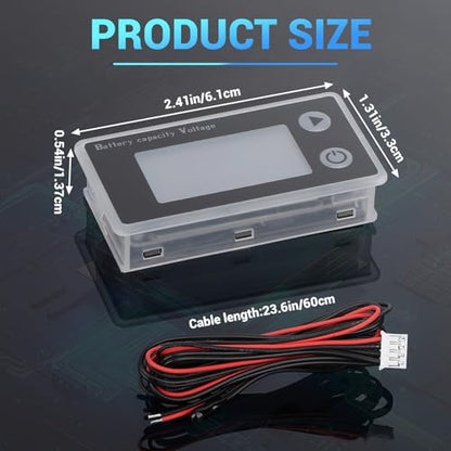 DROK 48v Golf Cart Battery Meter, 10-100v Digital Volt Meter Battery Capacity Tester Temperature Gauge, Black, 60cm Cable - color: Black, size: 48V/60cm Wire