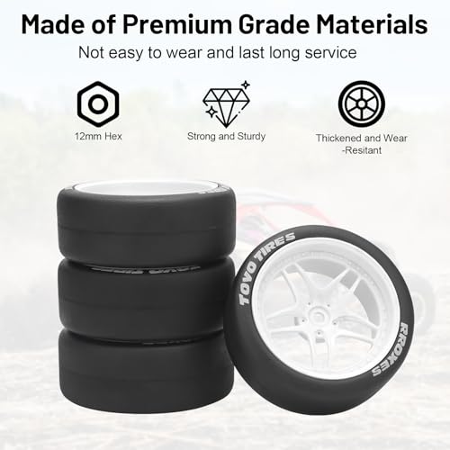 1/10 RC Drift Tires, daitoku 12mm RC Rally Racing Tires and Wheels for Tamiya Traxxas HPI KYOSHO XV02 XV01 TT01 TT02 PTG2 A959 - Style C (White) - color: White