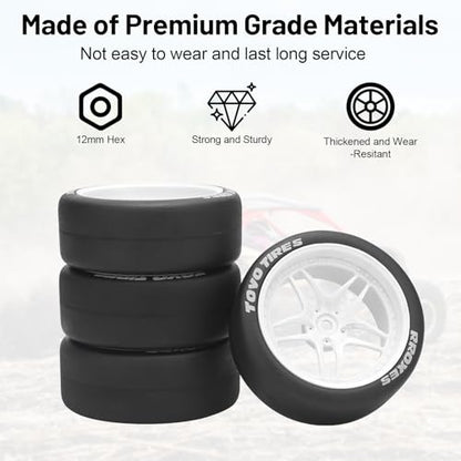 1/10 RC Drift Tires, daitoku 12mm RC Rally Racing Tires and Wheels for Tamiya Traxxas HPI KYOSHO XV02 XV01 TT01 TT02 PTG2 A959 - Style C (White) - color: White