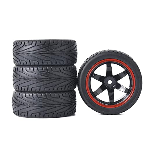 4PCS RC Car Rubber Tires and Plastic Wheels Rims Compatible with 1/10 Scale On Road Touring Racing Flat Drift Car for HSP HPI Tamiya(Black/Red) - color: Black/Red