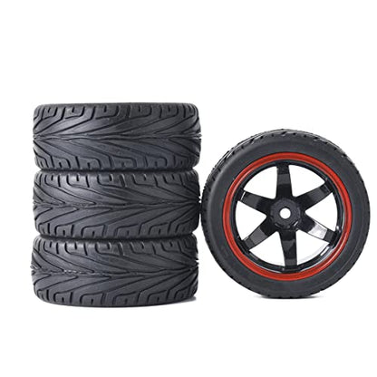 4PCS RC Car Rubber Tires and Plastic Wheels Rims Compatible with 1/10 Scale On Road Touring Racing Flat Drift Car for HSP HPI Tamiya(Black/Red) - color: Black/Red