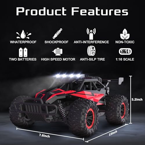 1:16 Scale Remote Control Car, 20 Km/h High Speed Remote Control Truck Off Road RC Monster Vehicle with LED Headlights and Chassis Lights, Electric Toy for Boys Kids and Adults - color: Crimson Thunder