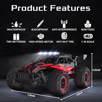 1:16 Scale Remote Control Car, 20 Km/h High Speed Remote Control Truck Off Road RC Monster Vehicle with LED Headlights and Chassis Lights, Electric Toy for Boys Kids and Adults - color: Crimson Thunder