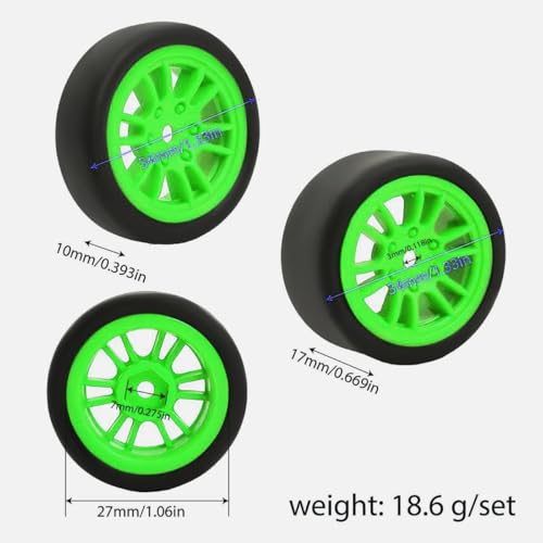 4PCS Finished Flat Running Drift Tires and Wheels 7MM Hexagon for 1/24 Losi Micro B Upgrades and 1/28 Losi Micro T Upgrades (b Green) - color: B Green